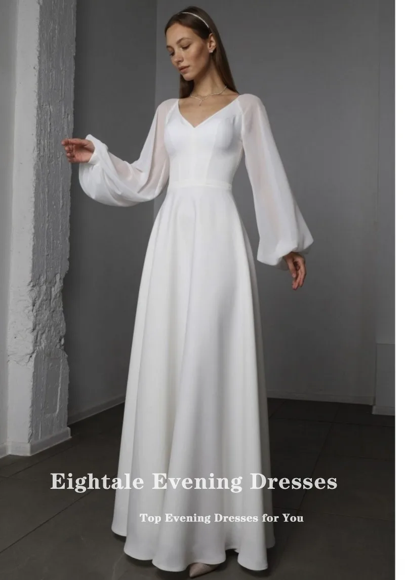 Eightale Arabic Wedding Dresses Customized V-Neck A-Line Long Sleeve Ivory Chiffon Beach Bridal Gown Vestidos De Novia