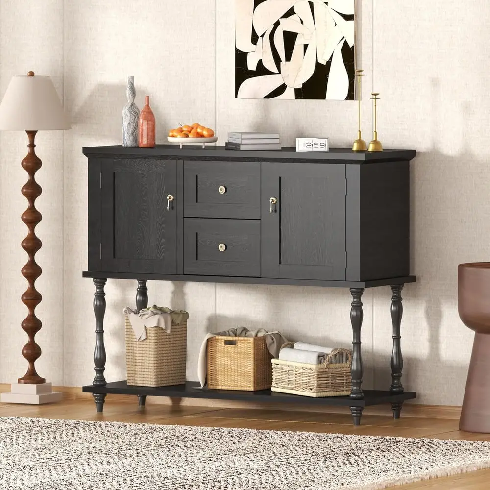 

42 Rustic Console Table with 2 Drawers, Ideal for Entryway or Living Spaces, Bottom Shelf Included, Black