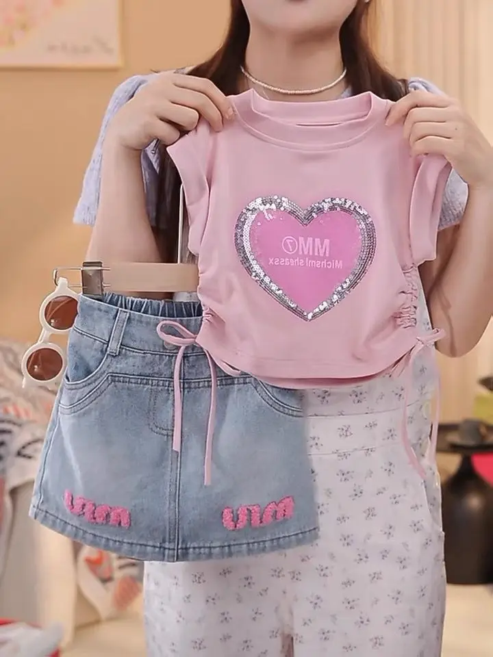 Nuovi set di adolescenti di moda estiva per neonate, T-shirt rosa + gonne di jeans abiti Casual da principessa 4-9T