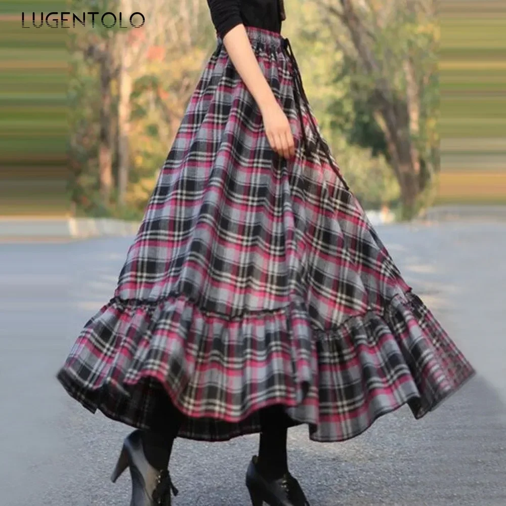 Large Size Maxi Skirts Women Plaid Printing Ruffle Stitching Big Swing High Waist Autumn New Fashion A-Line Skirt