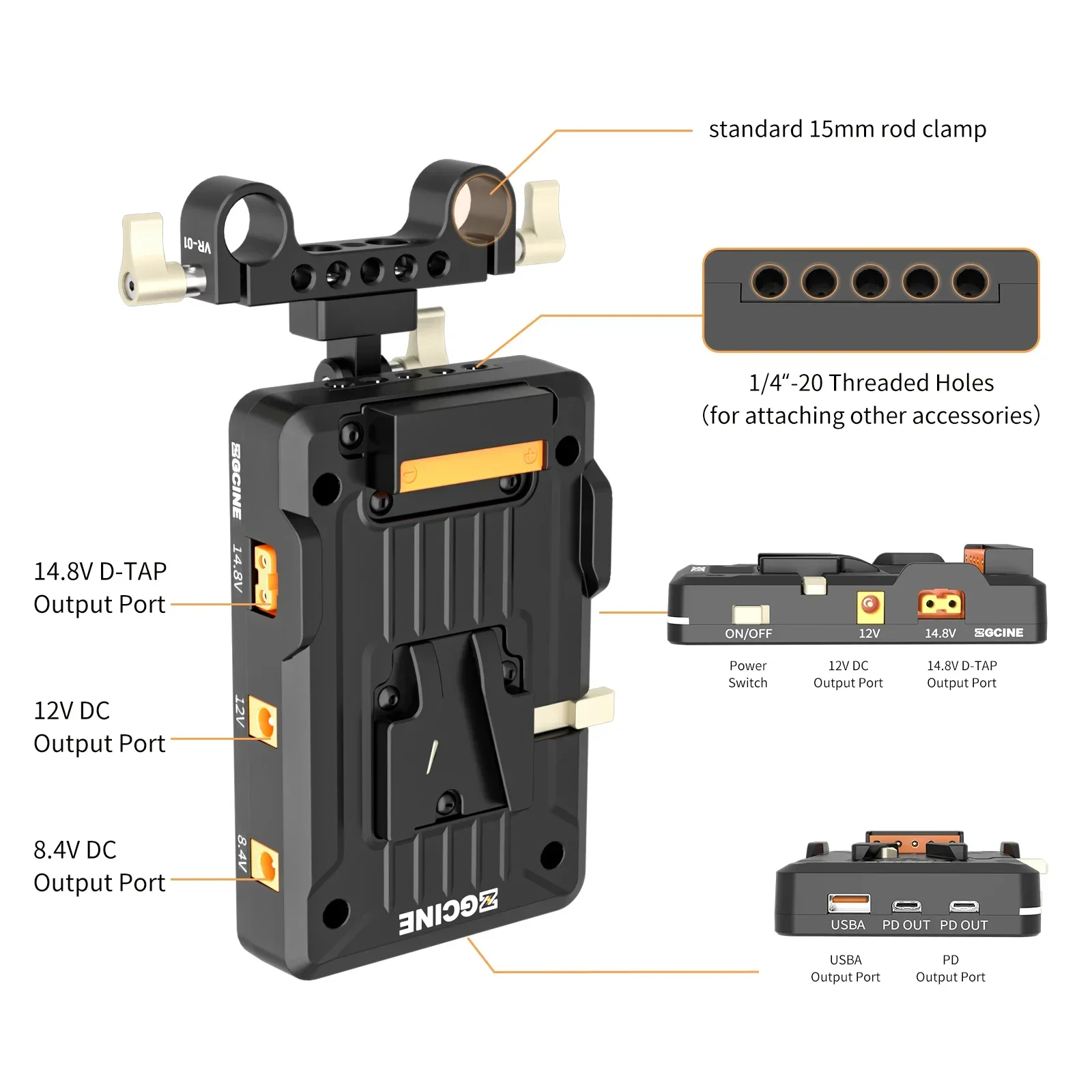 Imagem -03 - Zgcine V-lock Bateria Placa Adaptador v Mount V-lock pd 14.8v Padrão Usb-c Carregamento Porto 15 Milímetros Rod Clamp Vm-vp1