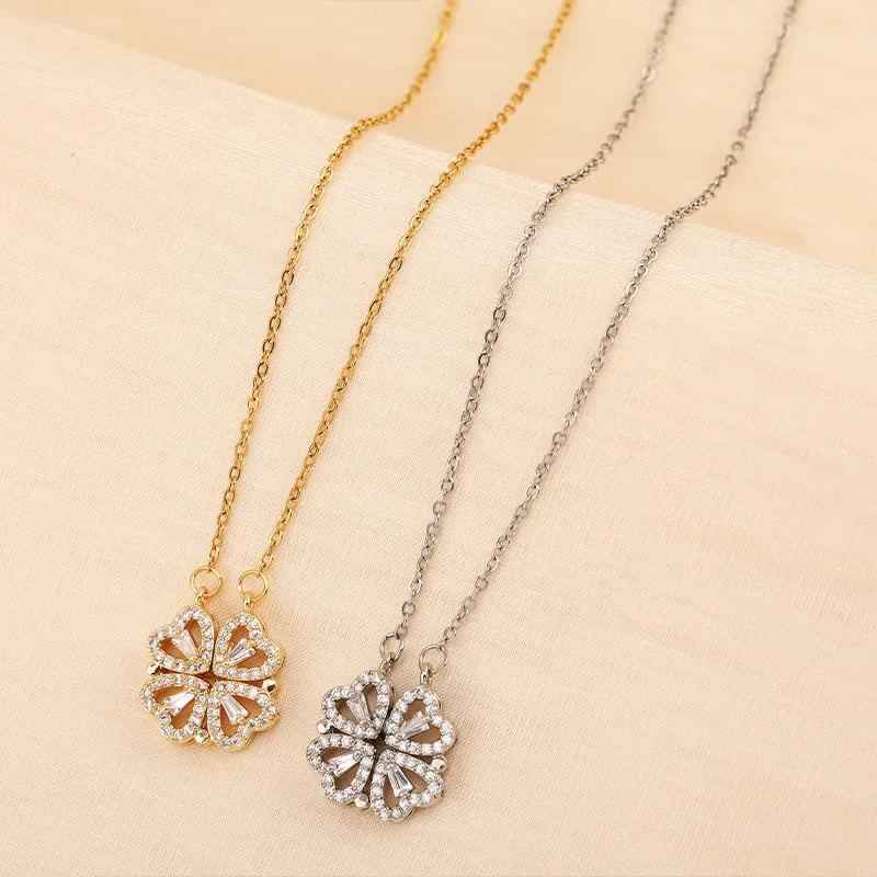 

2025 A versatile four-leaf clover necklace with multiple heart-shaped collarbone chains that won't fade when opened and closed