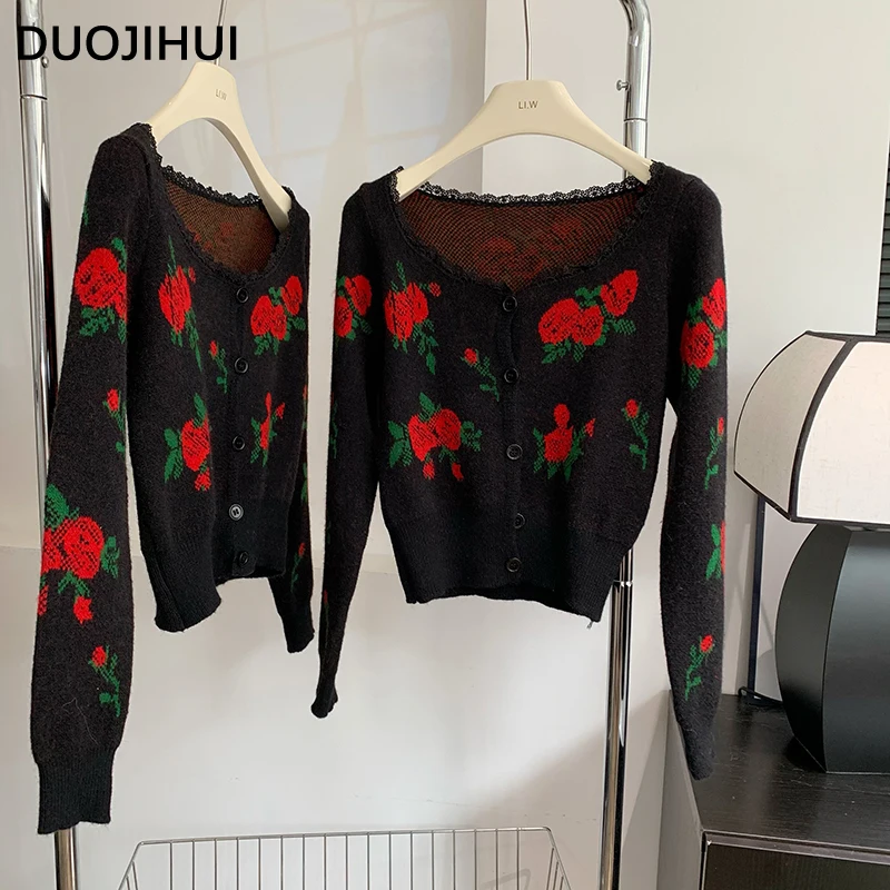 DUOJIHUI Vintage Square Neck Chicly Floral Women Cardigan French Autumn New Sweet Fashion Single Breasted Simple Female Cardigan