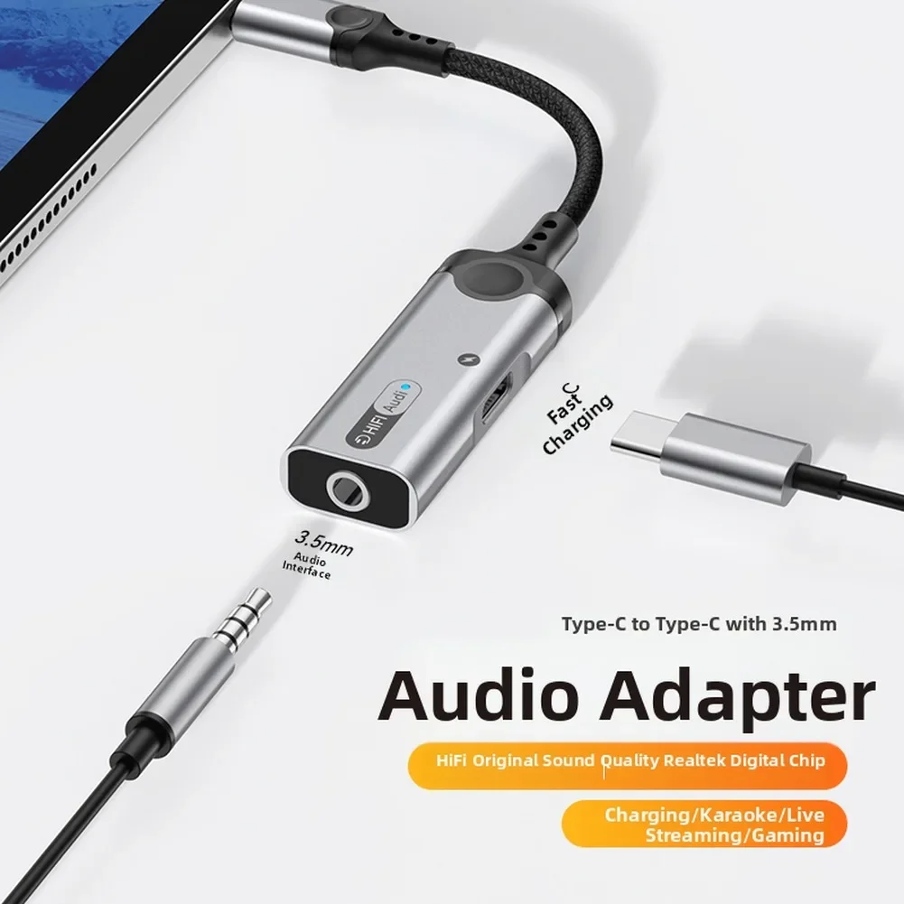

Адаптер USB-C на 3,5 мм для наушников с быстрой зарядкой 60 Вт PD/QC и LED-индикатором для устройств Type-C, серебристый нейлоновый кабель