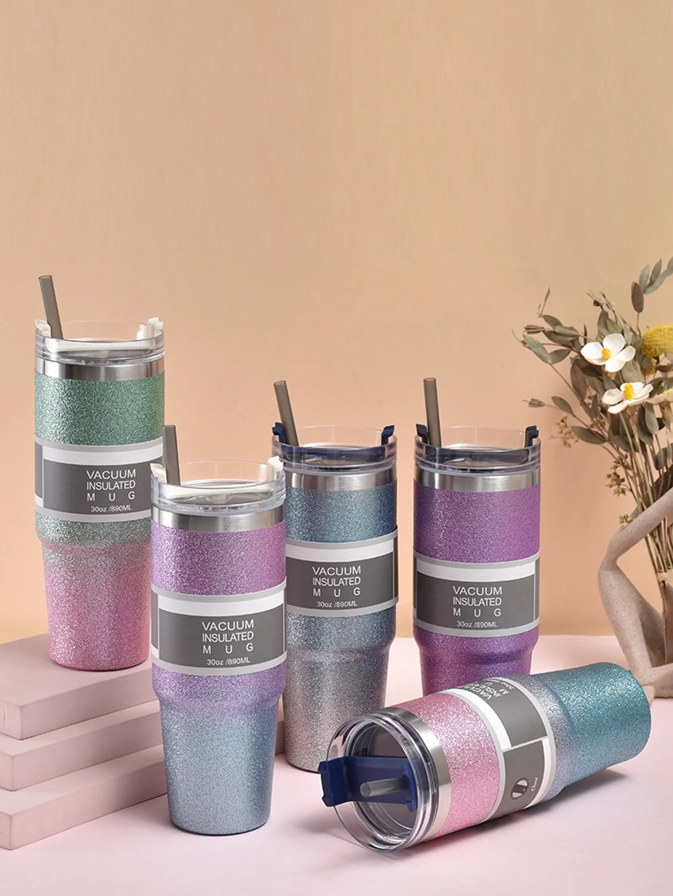 كوب معزول ومبرد من الفولاذ المقاوم للصدأ بطبقة مزدوجة من ضوء النجوم المتدرج - مع قش، كوب مسطح معبأ في زجاجات، فنجان قهوة، كوب سيارة #1