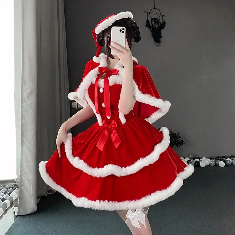 

Christmas Dress Carnival Party Faux Fur Wrapped Dresses Cloak Cute Bunny Girls Cosplay Red Velvet Santa Claus Costume Elk Xmas