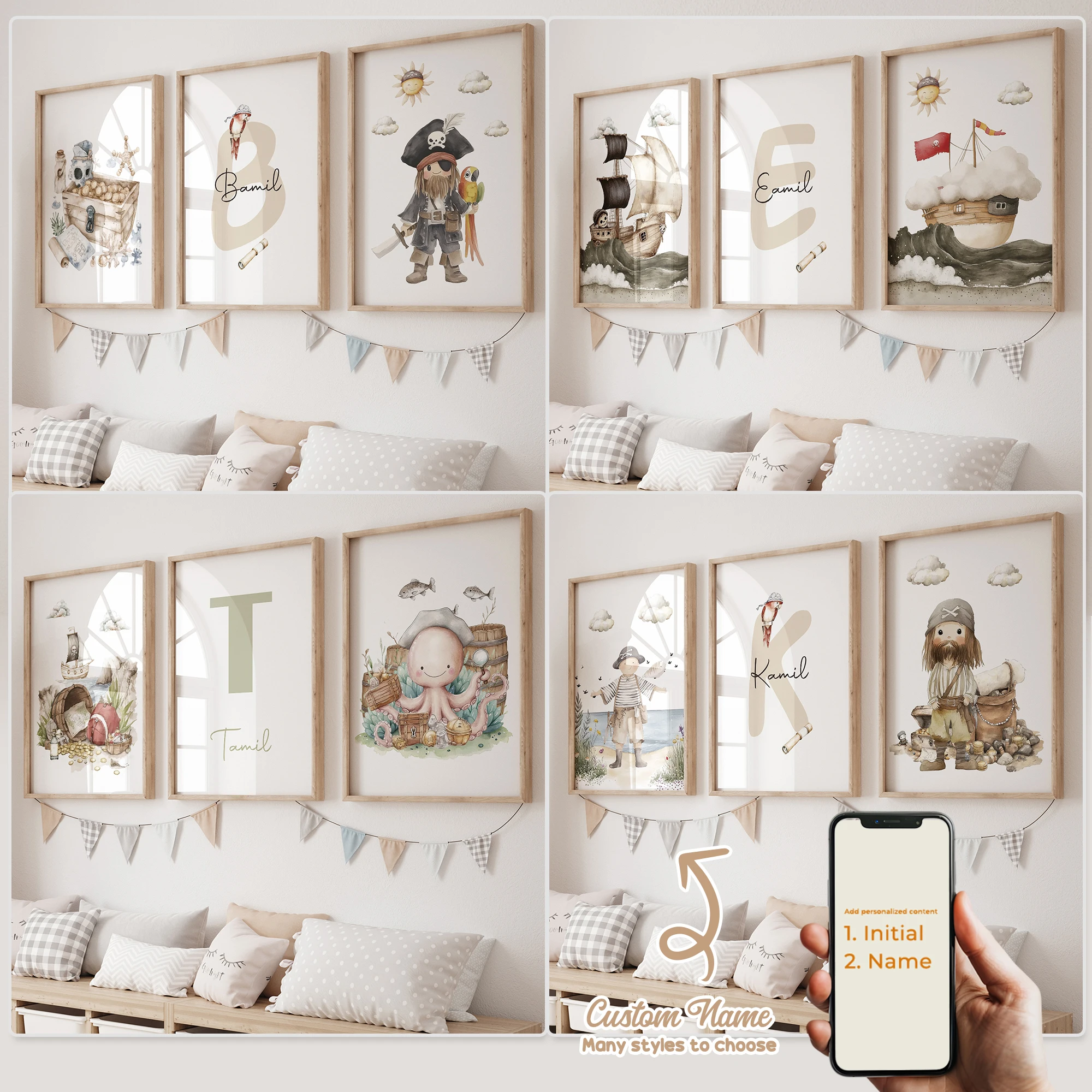 3pcs Personalized Custom Name Cartoon Child Pirate Wall Art Print Picture Canvas Poster Painting For Living Room Home Decor