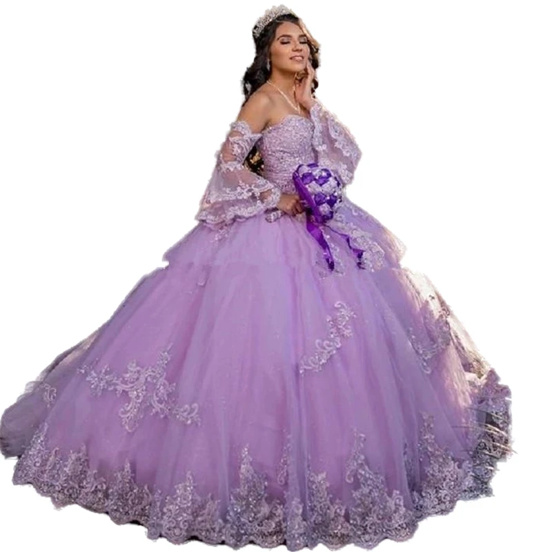 فساتين الأميرة ليلك Quinceanera الشاعر بأكمام طويلة قبالة الكتف ثوب حفلة حلو 16 فستان Vestidos De 15 Aos مزين بالدانتيل