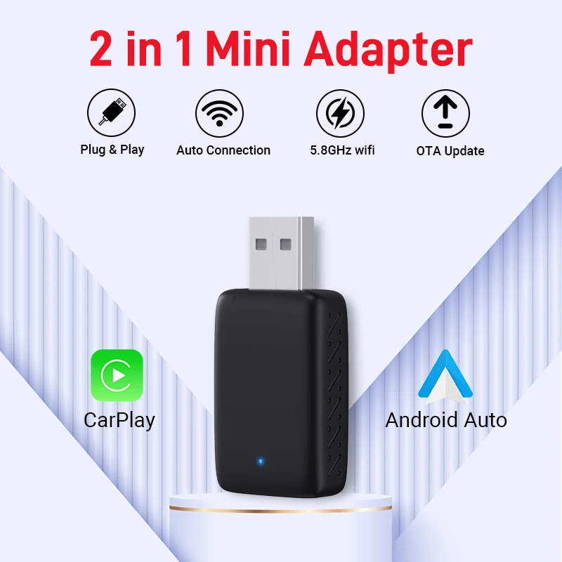 2in1 Wireless Carplay&Android Auto Box 2in1 Wired to Wireless Dongle Automatic Connect Adapter Bluetooth Plug&Play Mini Box