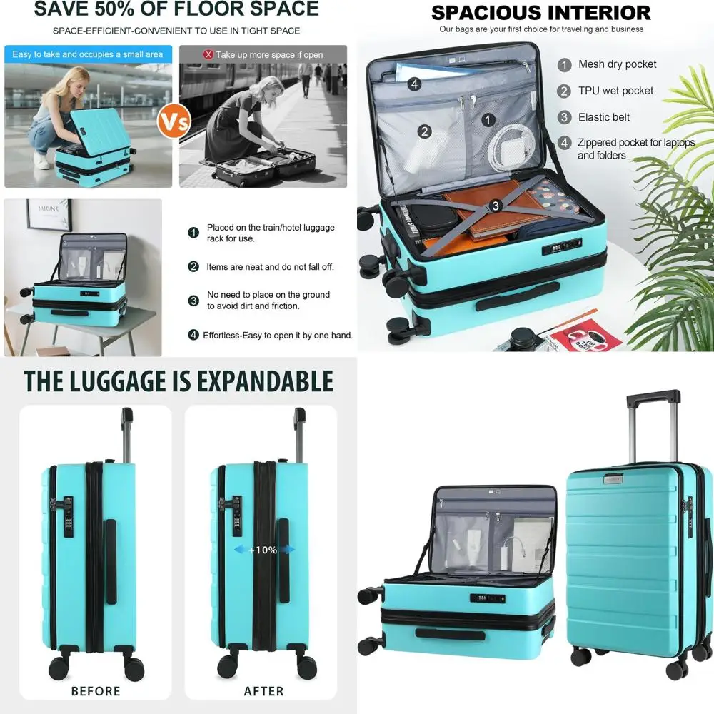 Mala giratória expansível de 20 polegadas com porta USB, trava TSA e abertura superior, azul lago