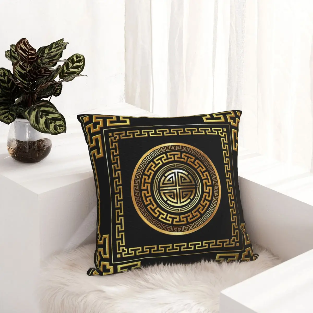 Greek Key Meander Black Gold Large Pillowcase Soft Cushion Cover Decoration Throw Pillow Case Cover Home Square 45X45cm