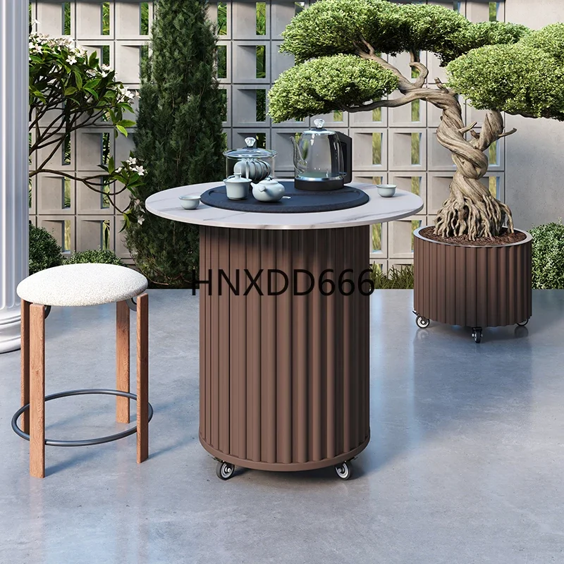 Outdoor aluminum alloy waterproof and sunscreen multi-functional round mobile coffee table