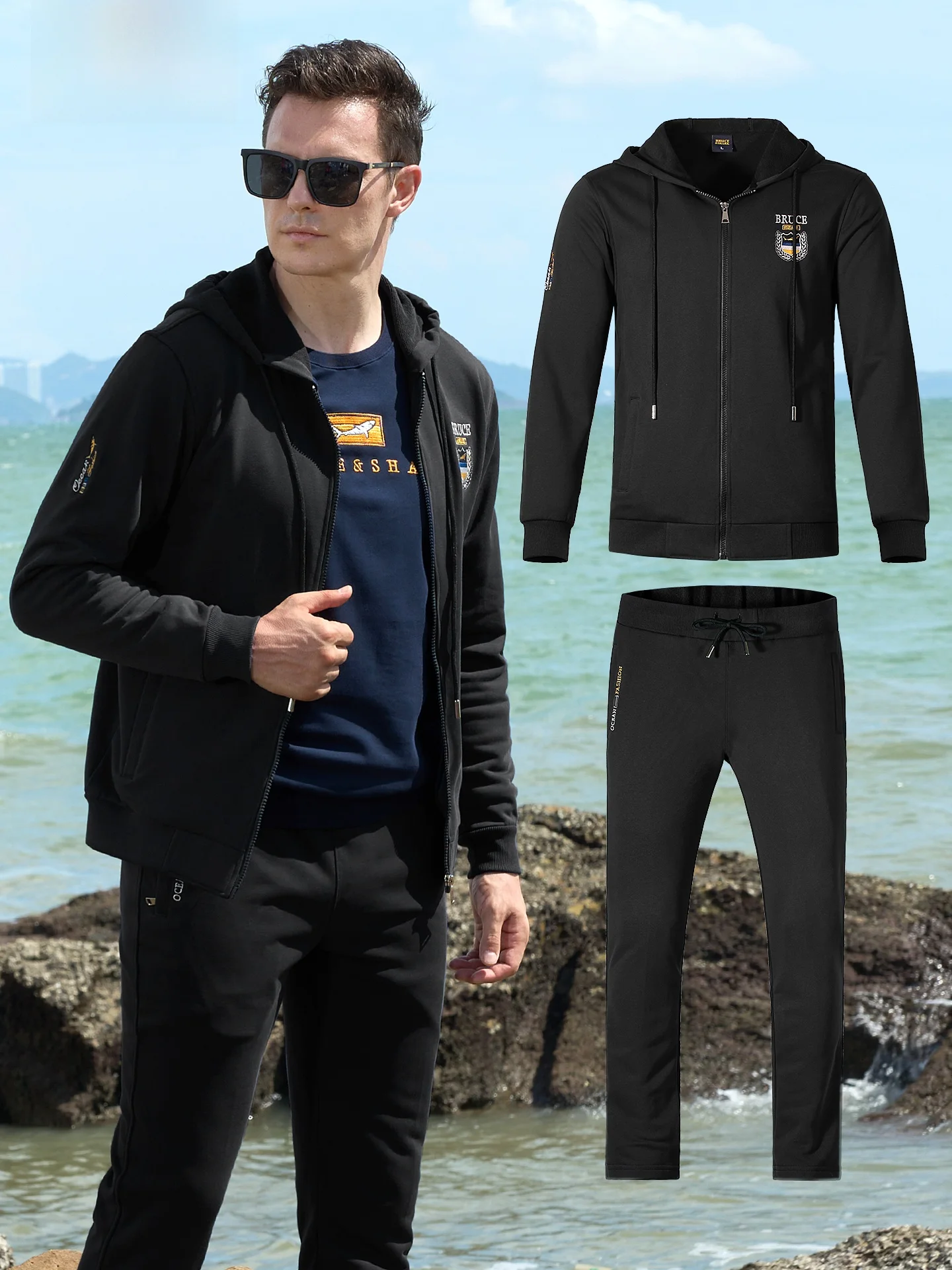 

Bruce & ark 2025 Winter New Men's Sweatirt Set Thiened Two-Piece Sportswear Knitted Cotton Polyester Long Sve Long P...