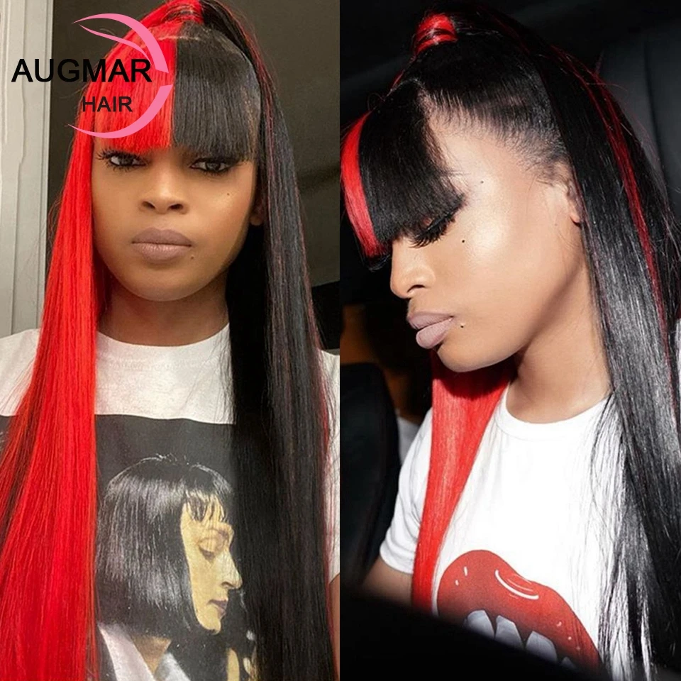 13X4 Wig Rambut Manusia Setengah Hitam Berwarna Merah dengan Poni HD Tranparent 360 Wig Renda Frontal 30 Inci Wig Renda Depan Lurus Virgin