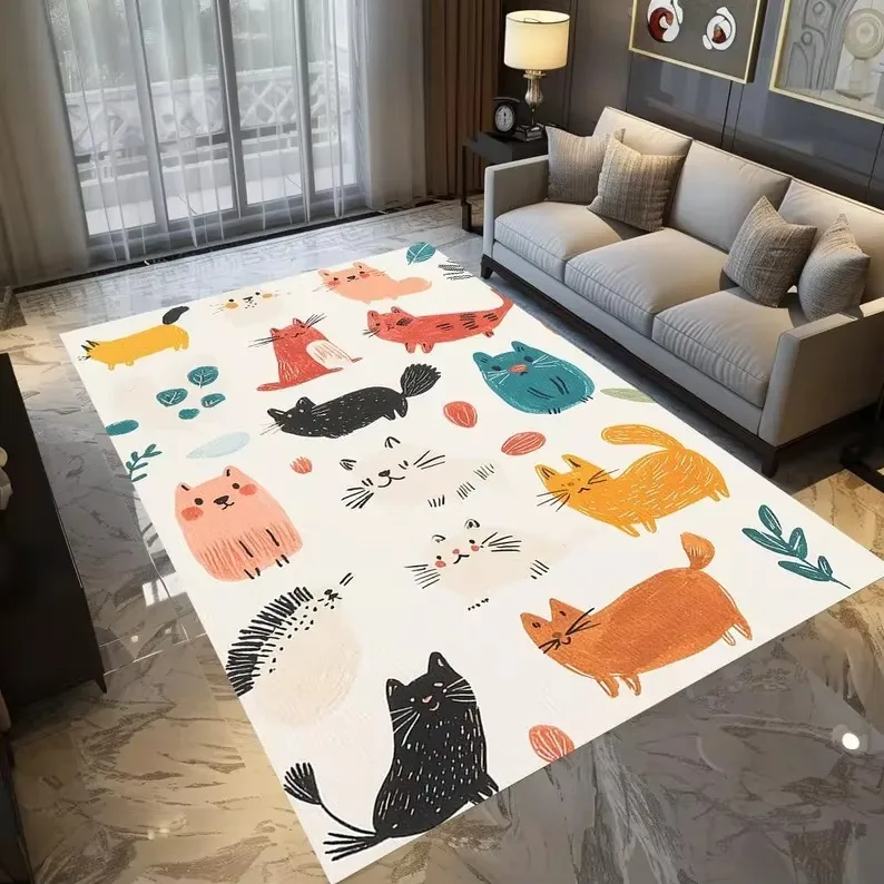 Colorful Cat Carpet Vintage Cartoon Cat Printed Floor Mat Cat Enthusiast Gift Cute Cat Bedroom Living Room Foyer Decoration