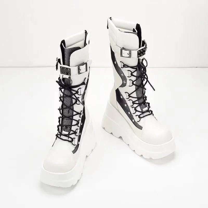 Women's Goth Style Platform Boots Trend Rivet Buckle Punk Wedges High Heels Womens Fashion Cosplay Gothic Boots Botas Para Mujer