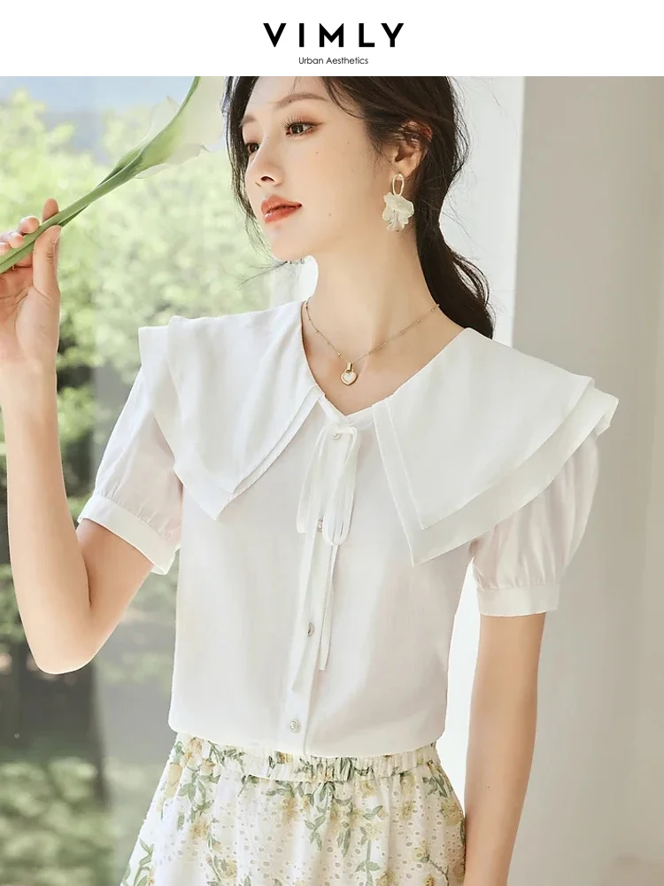 

Vimly French Sweet White Shirt Women 2023 Summer Fashion Peter Pan Collar Short Sleeve Casual Shirts and Blouses Top V9963