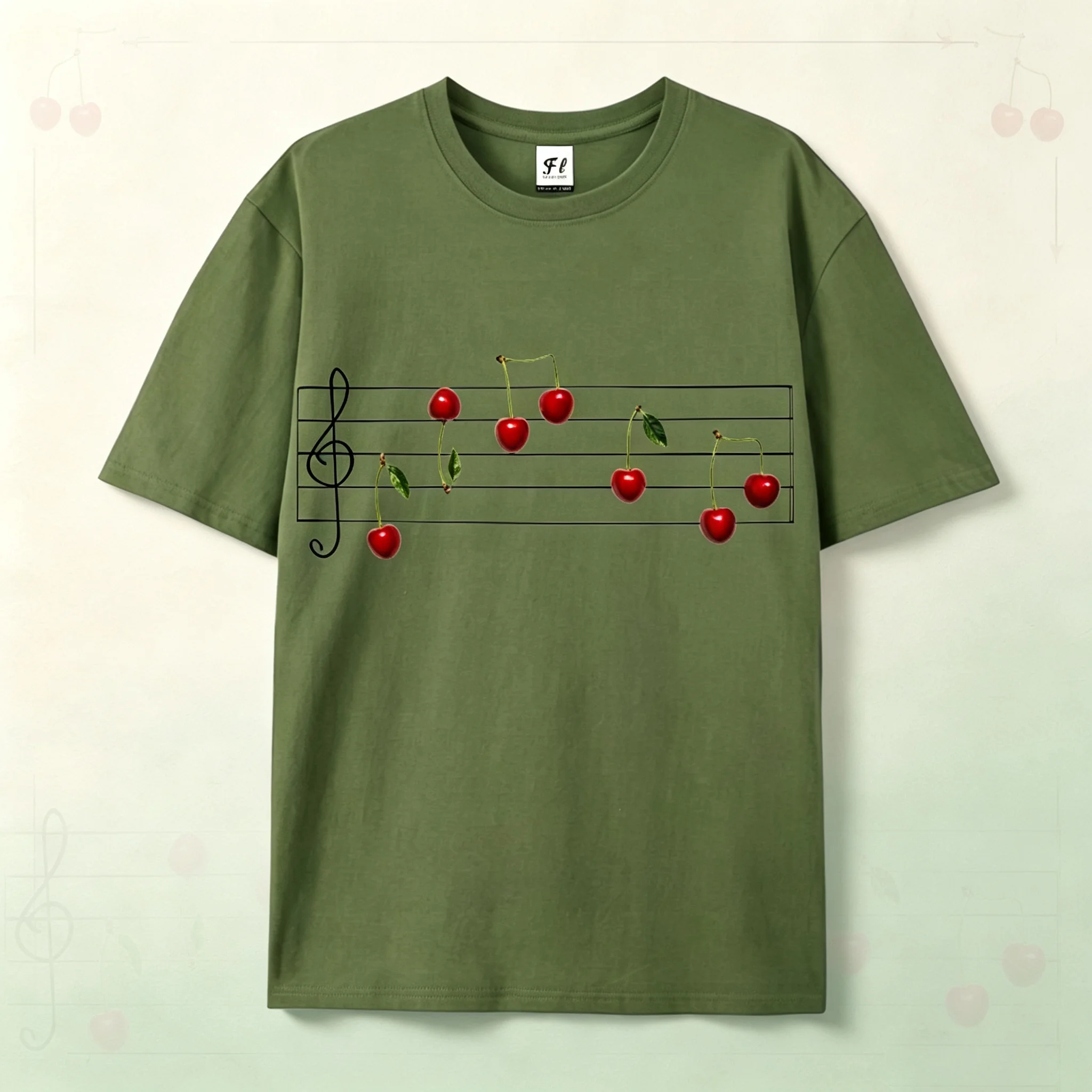 Cherry Musical Staff Note Print T‑Shirt, Creative Artistic Loose Crew Neck Short‑Sleeve Top