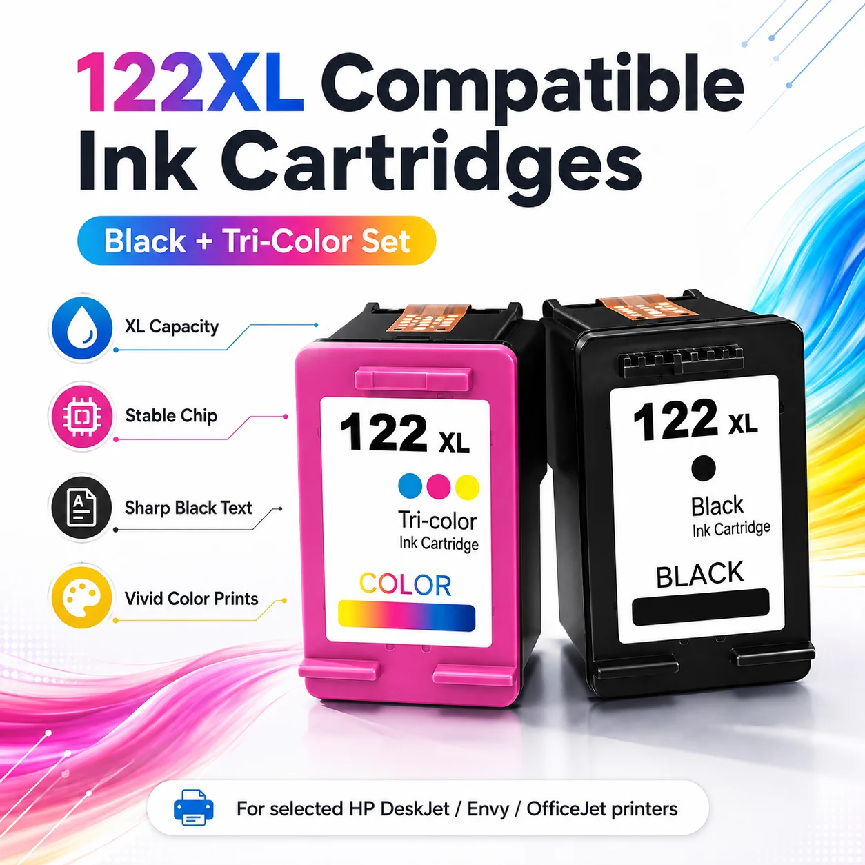 Compatible for HP 122XL Ink Cartridge Combo Pack Black Tri-Color for DeskJet Envy OfficeJet Printers