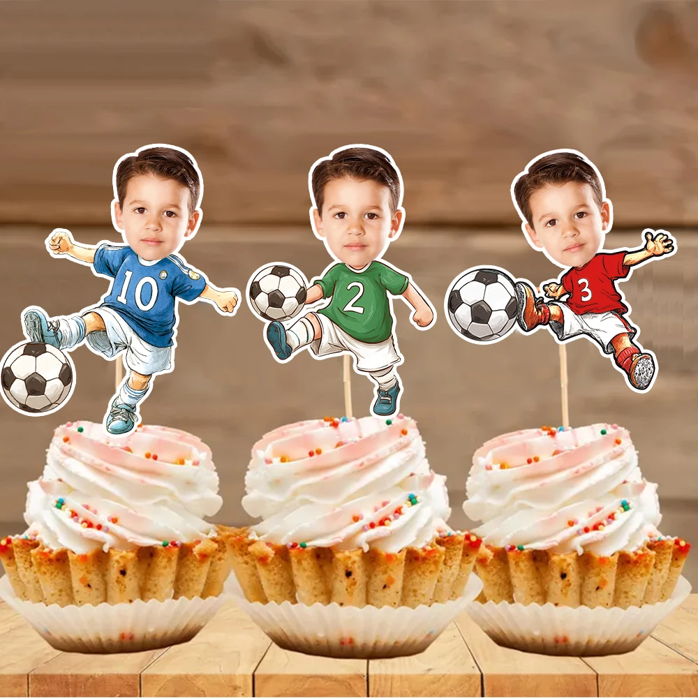 Adornos para tarta con temática de fútbol personalizables, foto de cara de jugador personalizada, decoraciones para fiesta de cumpleaños con temática de fútbol deportivo, 6/12 Uds.