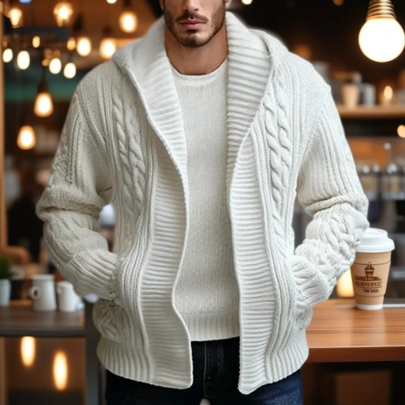 

Men's Knitted Cardigan Sweater Twist Flower Pattern Casual Hooded Knitwear Long Sve Winter Faion Mid-aged Men's Inner Wear