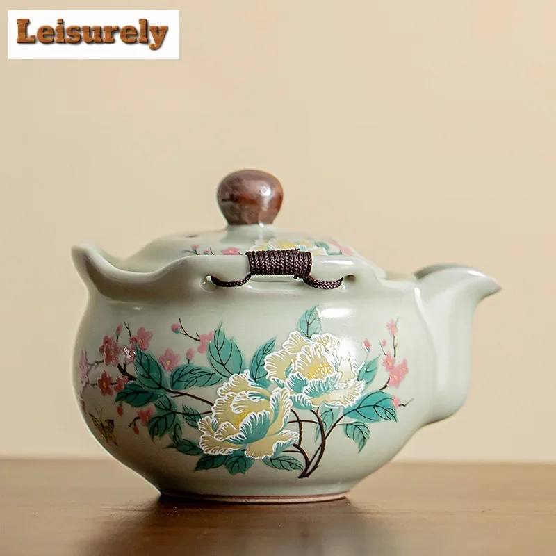 Tetera de horno Ru verde guisante hecha a mano, flor de Mutabilis de hibisco japonés, tetera de elaboración de té, decoración de Puer Cha, 200ml
