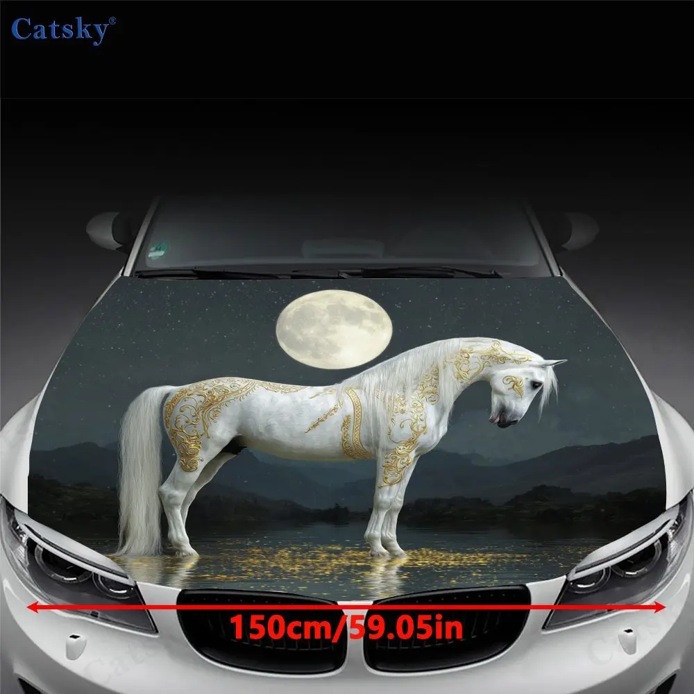 White Horse Under The Moonlight Car Hood Wrap - Durable, Waterproof, And UV-Resistant PVC Sticker For Trucks, SUVs, And Boats Wi