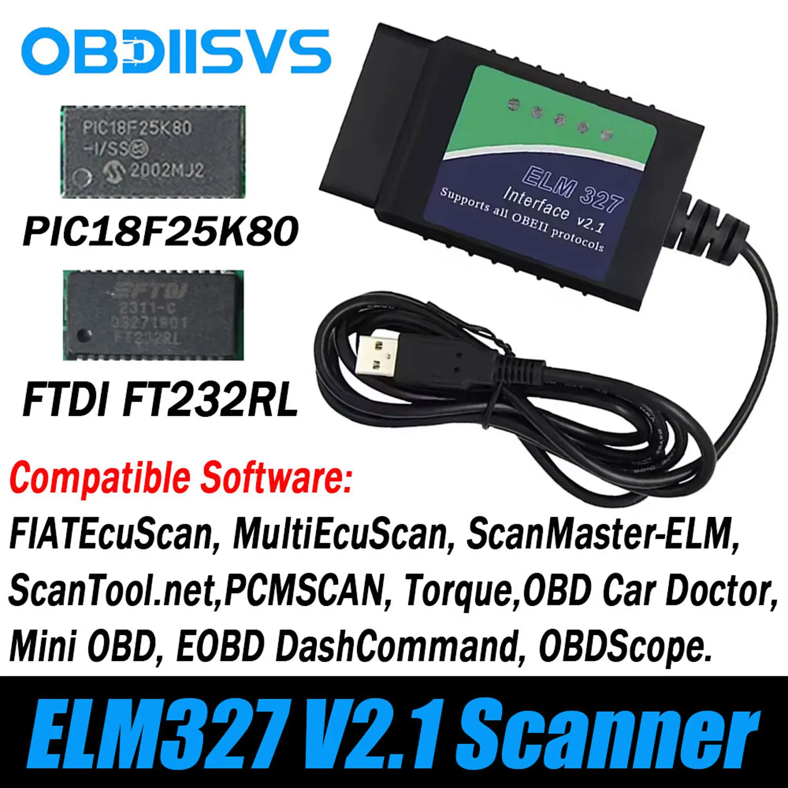 ELM327 V1.5 OBD2 Scanner für FIATEcuScan/MultiEcuScan/ScanMaster/ScanTool PIC18F25K80 FT232RL Codeleser ELM327 Diagnosewerkzeug – Detail 12