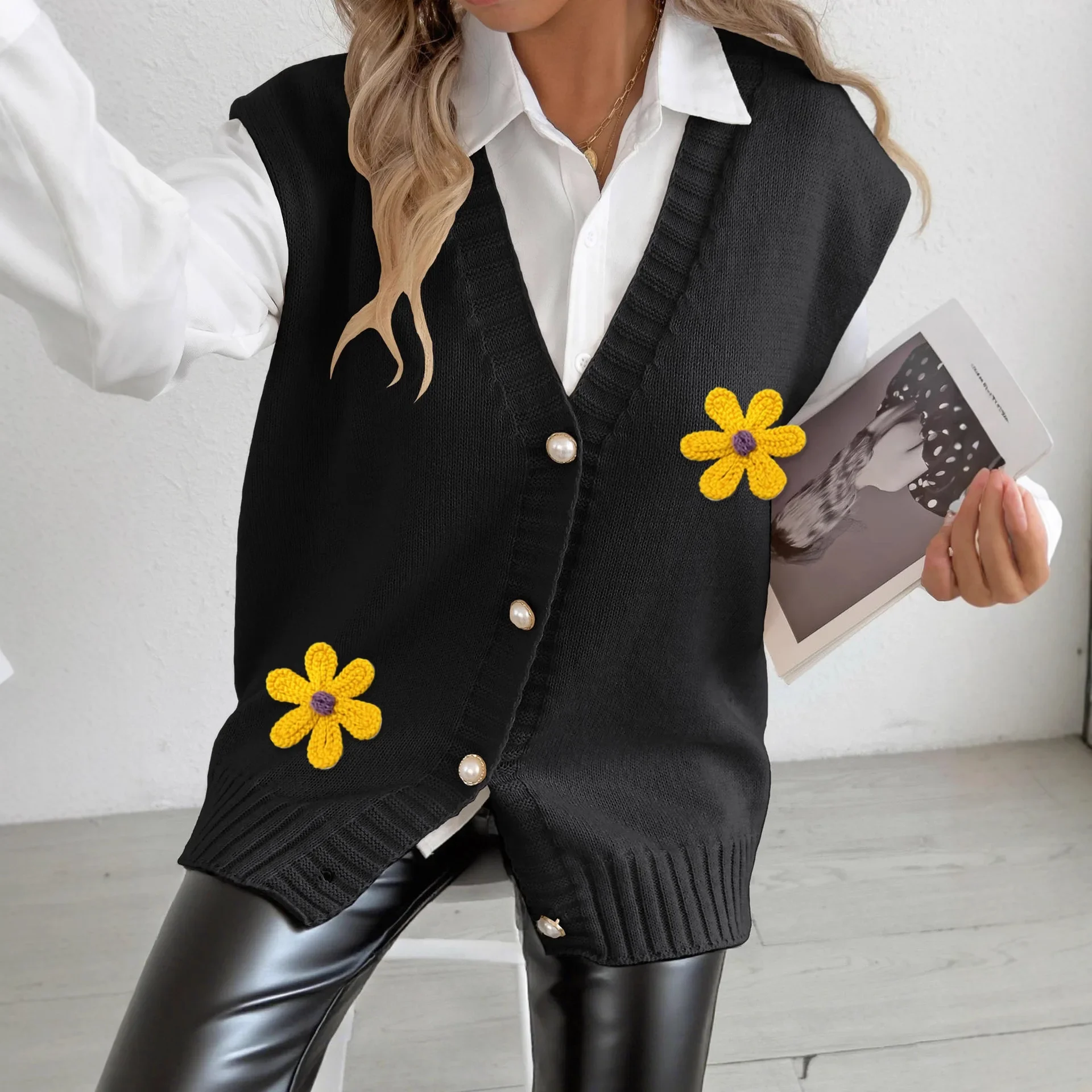 

Свободный повседневный кардиган на пуговицах, свитер, жилет, женский осенне-зимний жилет, женский жемчужный жилет