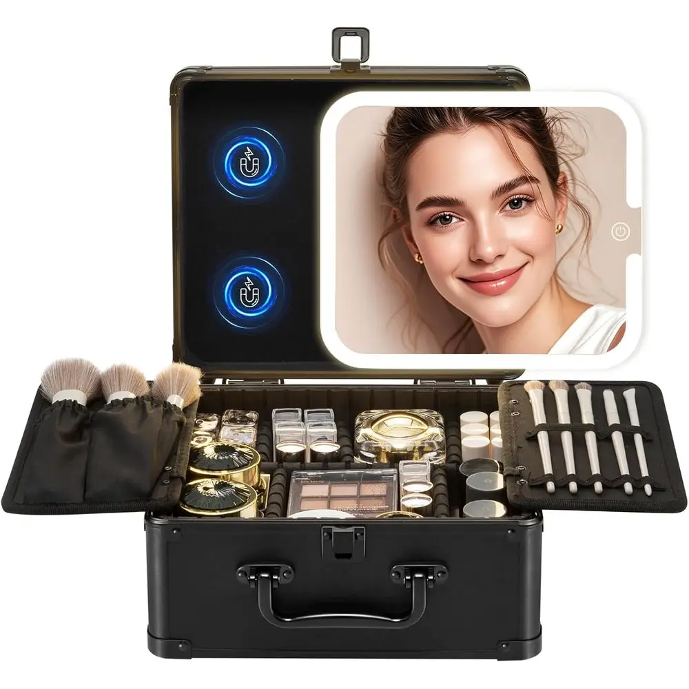 

Кейс для косметики с отсоединяемым зеркалом с подсветкой – дорожный кейс, органайзер для хранения косметики и чемоданчик для макияжа с регулируемыми секциями