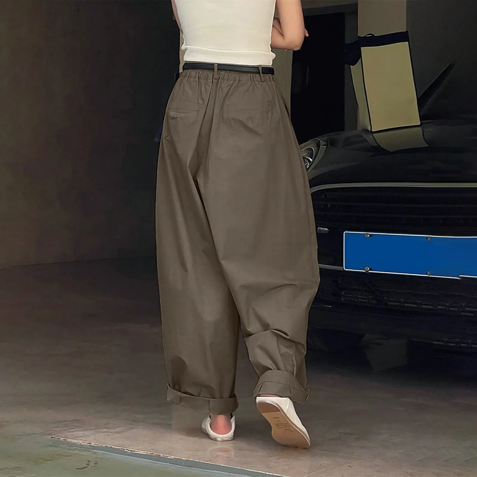 Women's Solid Color Pants Summer Cotton Breathable Extremely Simple Wind High Waist Wide Legs Loose Leg Pants for Women