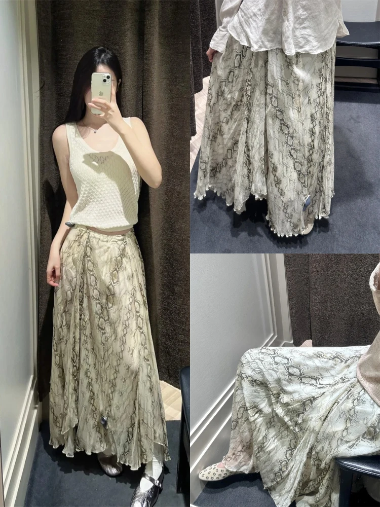 

Корейская длинная шифоновая юбка с принтом ленивой змеиной кожи, драпированная юбка с высокой талией, юбка Ele Dra French Sle A-Line S...