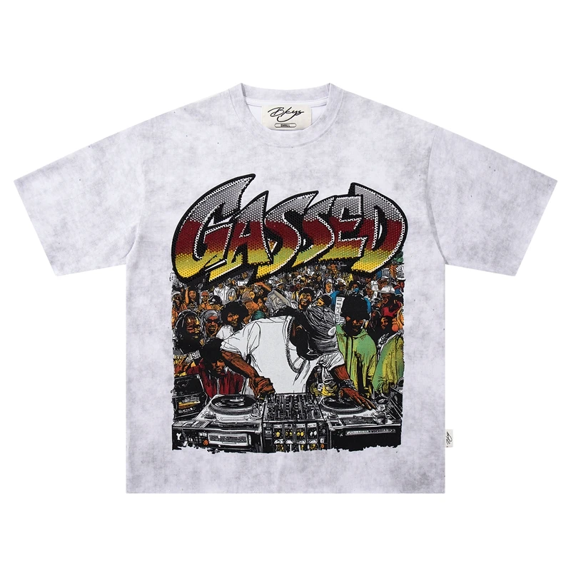 Weißes Acid Wash T-Shirt für Herren mit Strass-DJ-Konzert-Grafik Übergroßes Grunge Baumwoll-Sommer-Y2K-Streetwear-T-Shirt im Vintage-Stil – Detail 4