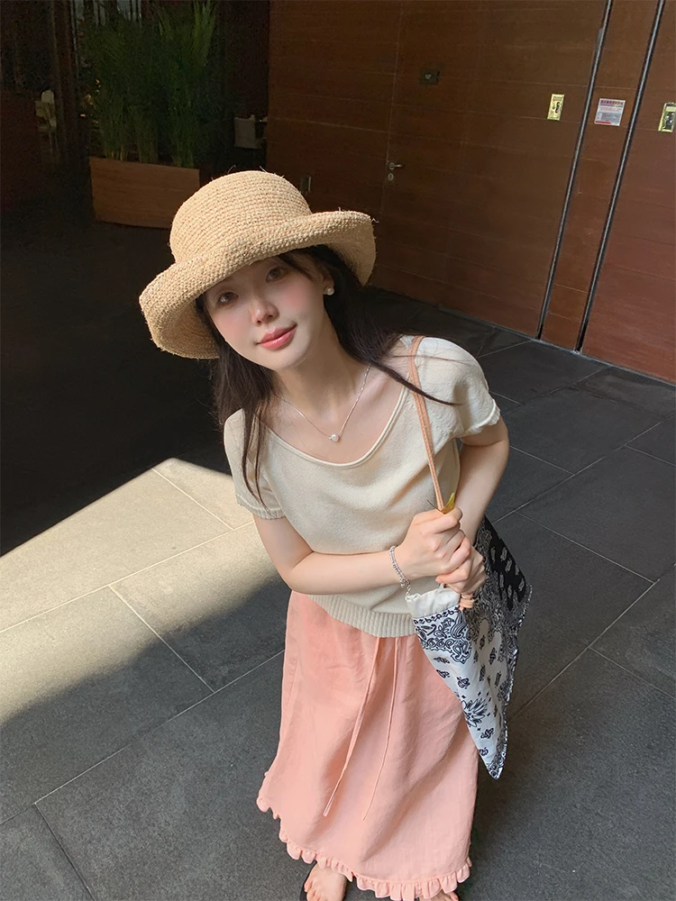 

Soft Commuter Versatile round Ne ort Sve Knitted Top Women Summer Casual Loose Fit Single Piece Color