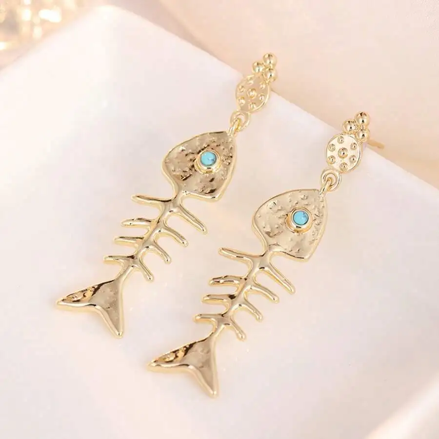 Gold-Tone Fish Skeleton Dangle Earrings With Turquoise-Colored Inlay For Womens Casual Or Holiday Wear