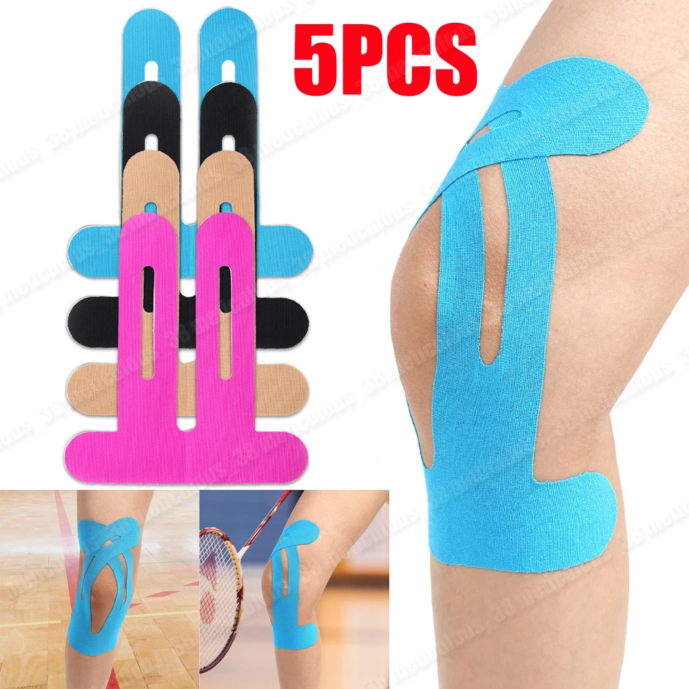 

5 шт. дышащая предварительно вырезанная спортивная лента для колена для поддержки мышц плеч, кинезиологическая лента для защиты колена, эластичные патчи