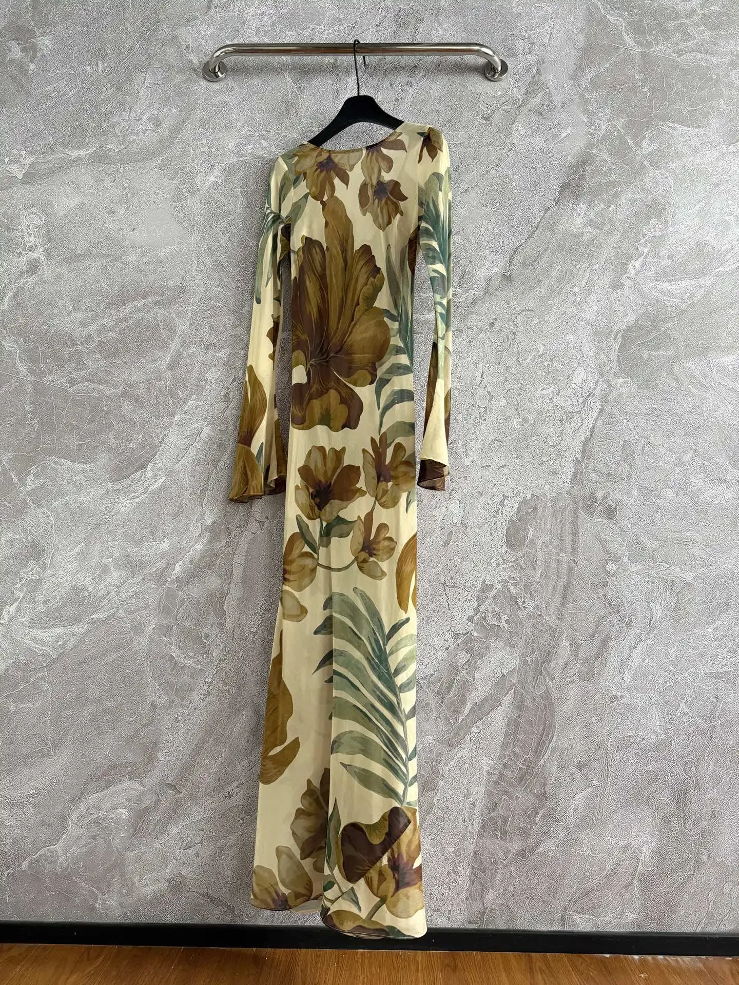 Robe Maxi rétro à imprimé Floral pour femmes, col en v, manches longues, Vintage, Slim