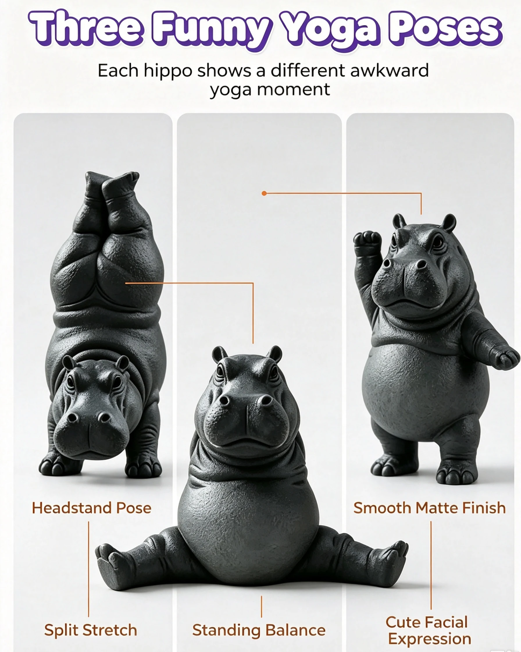 3個セットのカバのヨガ彫刻セット、かわいい漫画風の丈夫な動物 - Resin Art Studio のレビューと価格