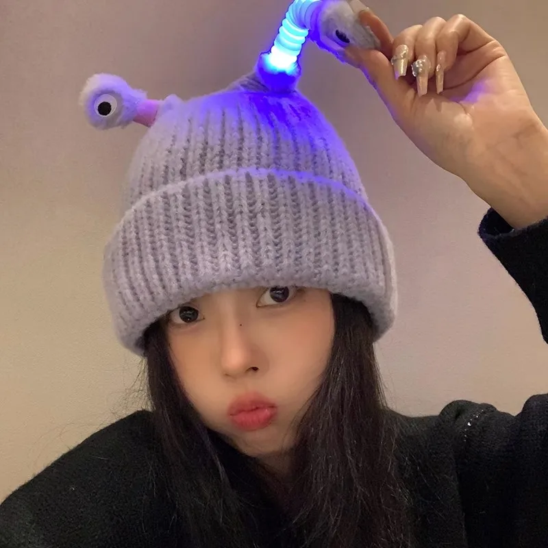 

Elastic Soft Glowing Beanie Creative Horn Cartoon Monster Hat Autumn Winter Cool Cute Funny Luminous Sweater Warm Knitted Cap