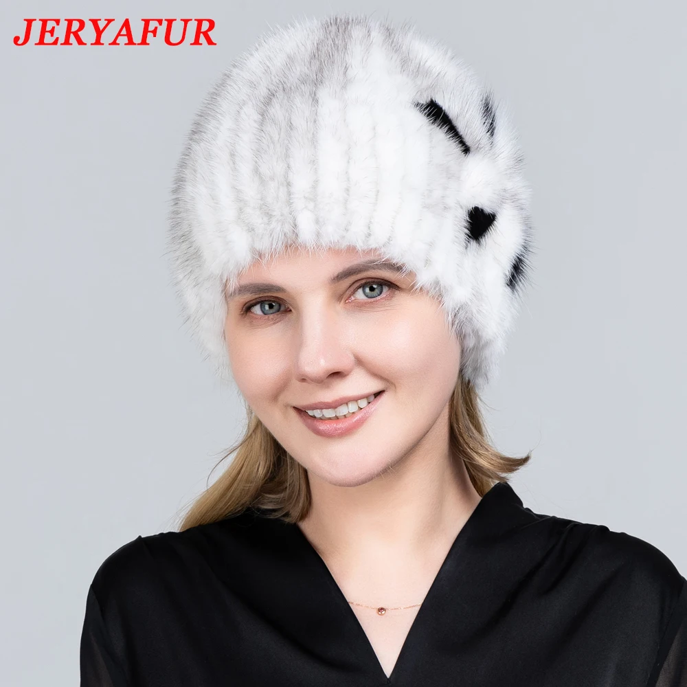 JERYAFUR Knitted Fur Hat Women Winter Warm Natural Mink Fur Hats Striped Stylish Beanie Hat