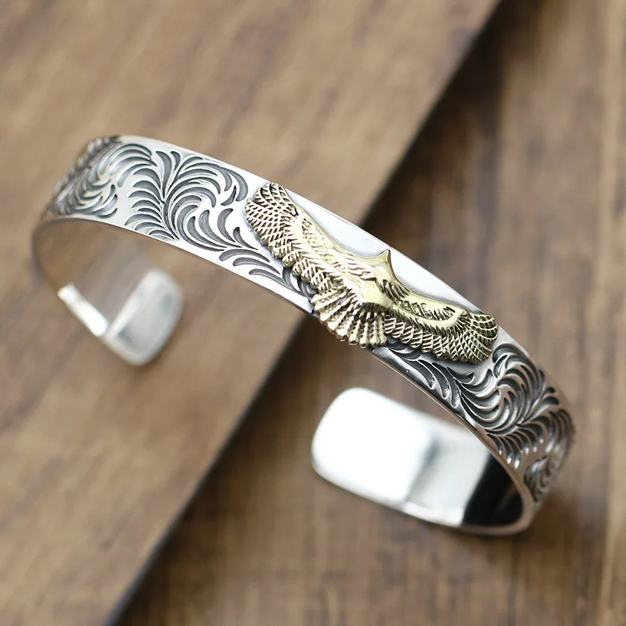 

Sterling Silver Eagle Bracelet Male Thai Silver Vintage Tang Grass Flat Embossed Pattern Bracelet Solid