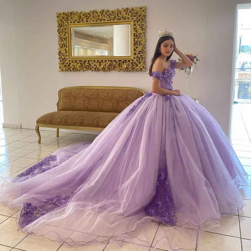 ANGELSBRIDEP сиреневые платья Quinceanera с открытыми плечами Кружевная аппликация из бисера Кристаллы Тюль милое 16 Vestidos De Quinceañera