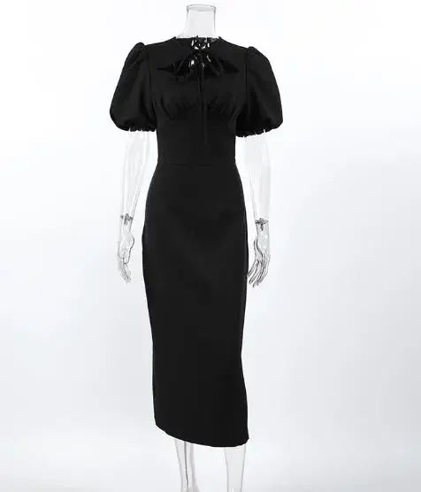 2026 Spring/Summer New Women's Elegant Sexy Slimming Puff Sleeve Tie-Waist Short Sleeve Dress