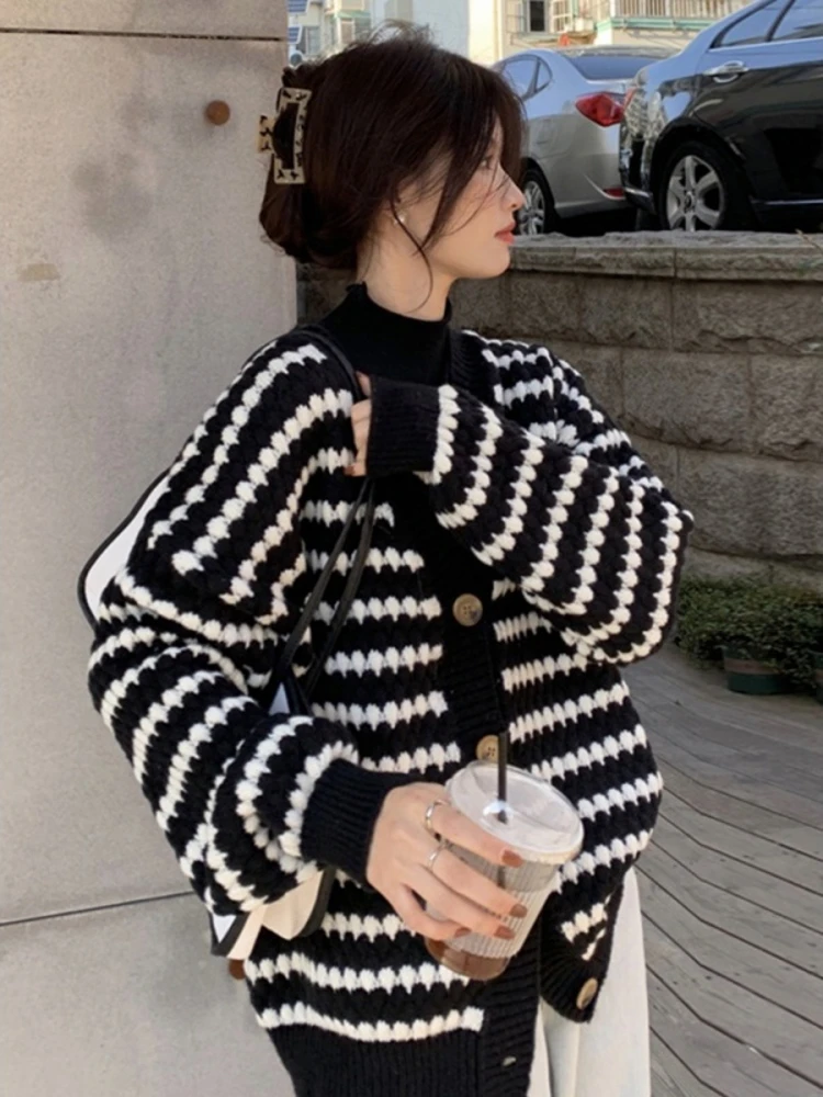 Thiened gestrickte offene Strickjacke Winteroberbekleidung V-Ne Damenpullover Jaet Sli Lazy Stripes Commute Sle Long Sve