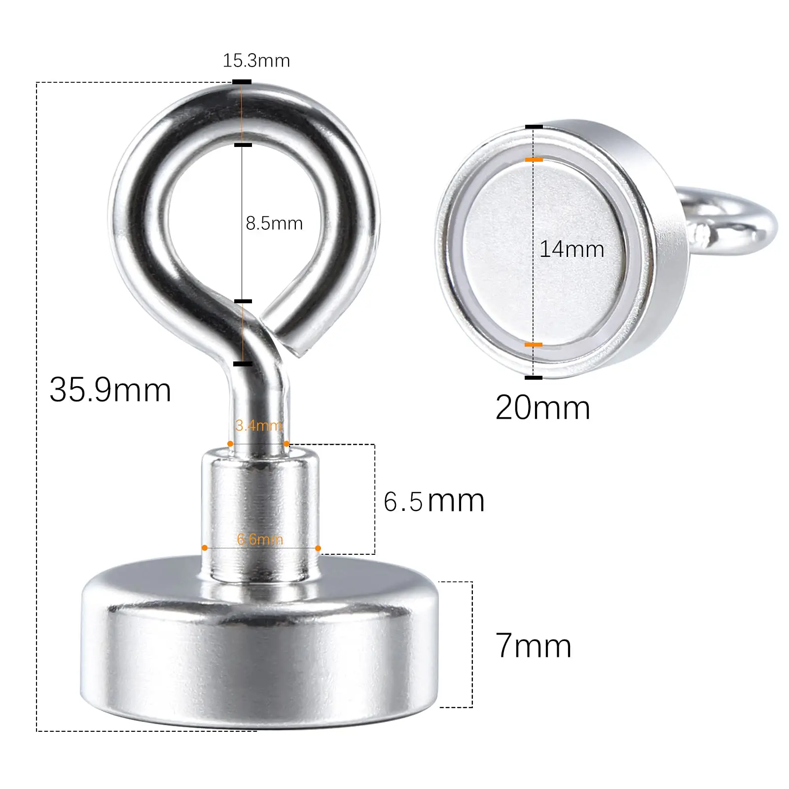 20 mm Neodymium Magnets Hooks, Tensile Force 12 kg (26 lbs) Eyelet Magnet with Hooks, Magnetic Holder for Camping, Garage