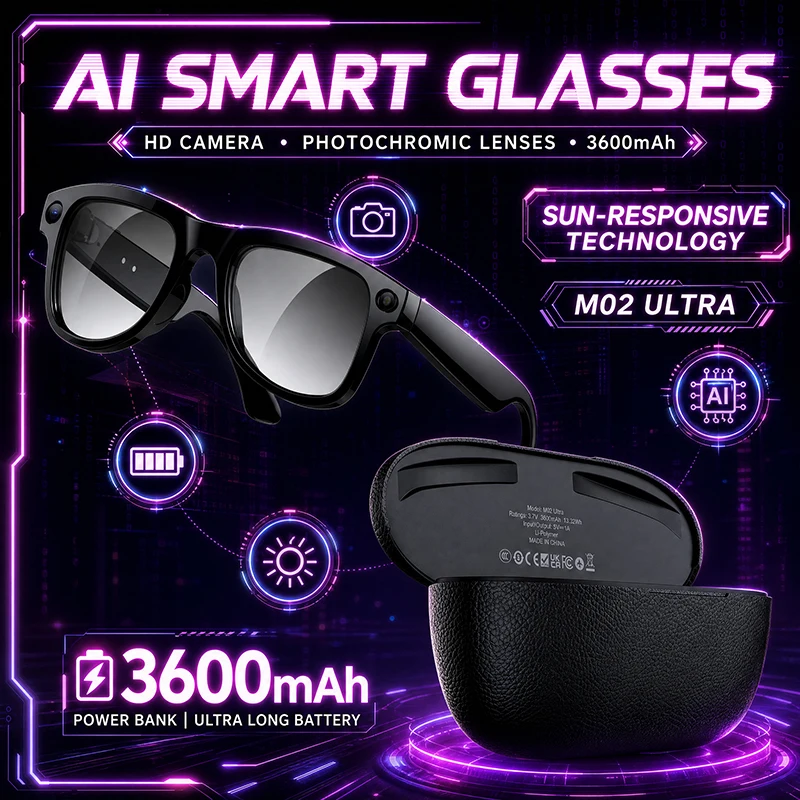 AI Smart Glasses Men With Camera Video Translator Voice Assisatant Headphones Photochromic Sunglasses Charging Case Eyeglasses