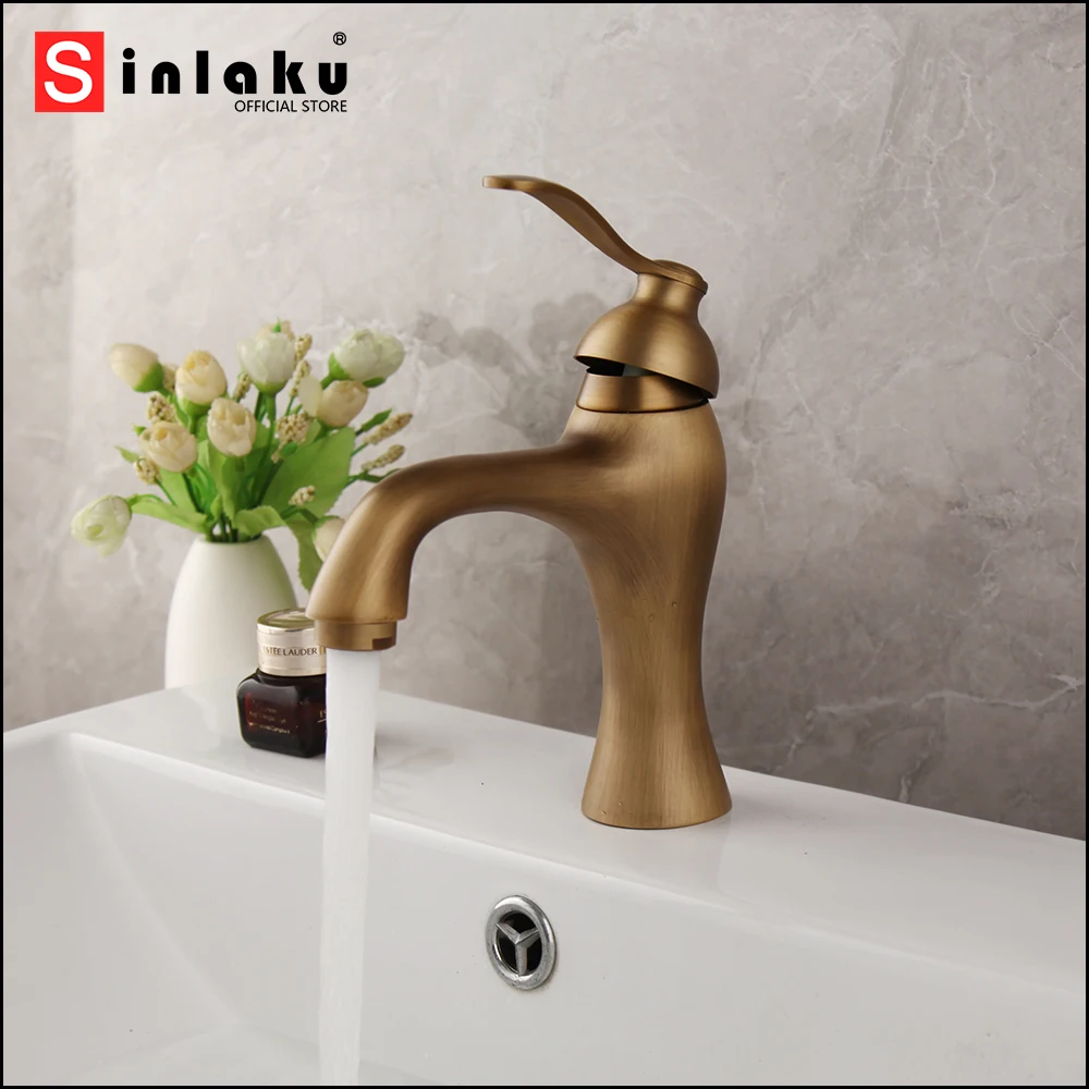 

SINLAKU Bathroom Basin Faucet Antique Brass Deck Mounted vogue Stream Single Handle Control With Hot And Cold Water Mixer Taps