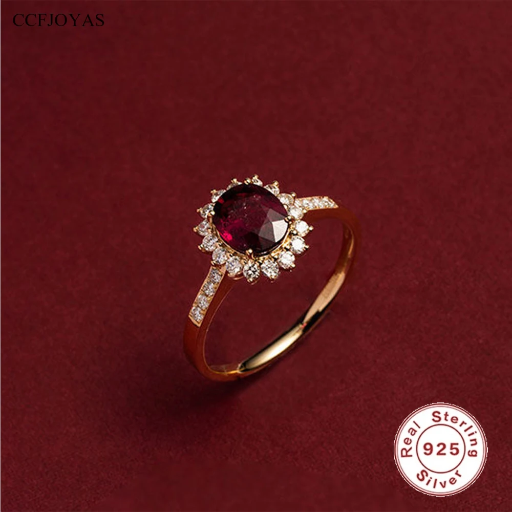 CCFJOYAS 100% 925 Sterling Silver 18k Gold Plated Retro ruby Ring for Women Exquisite Oval Rose Red Zircon Vintage Finger Rin