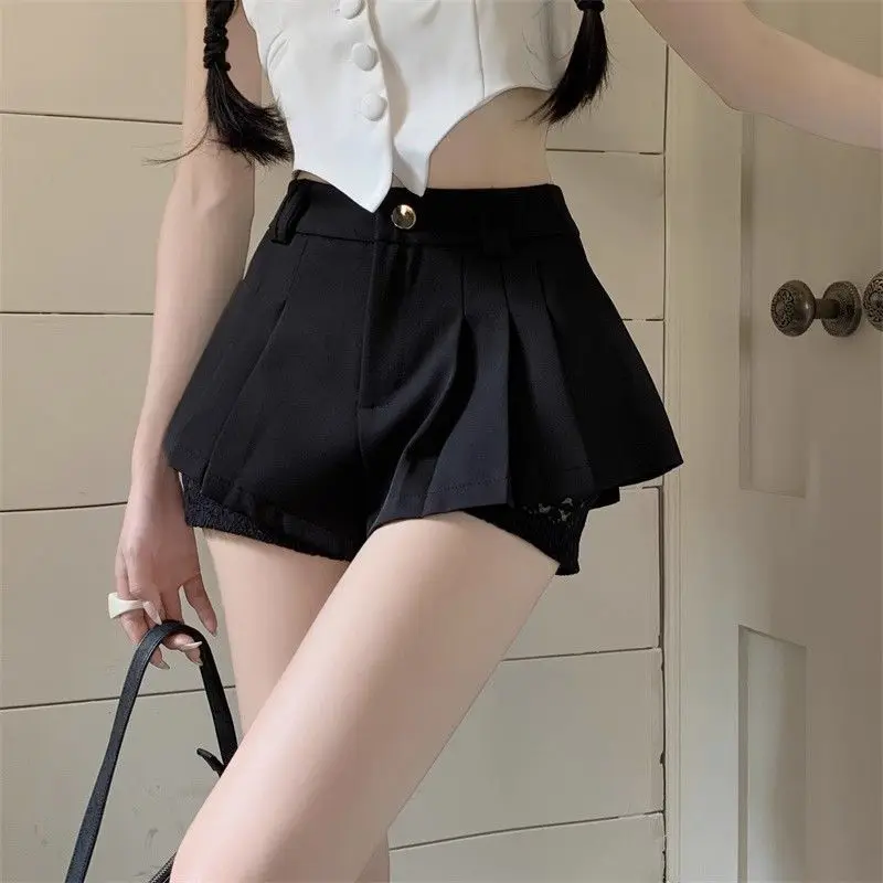 Women's High Waist Wide Leg Culottes Lace Trim Hem Contrast Panel Design Stretch Illusion Slim Fit Casual Shorts for Summer 2026