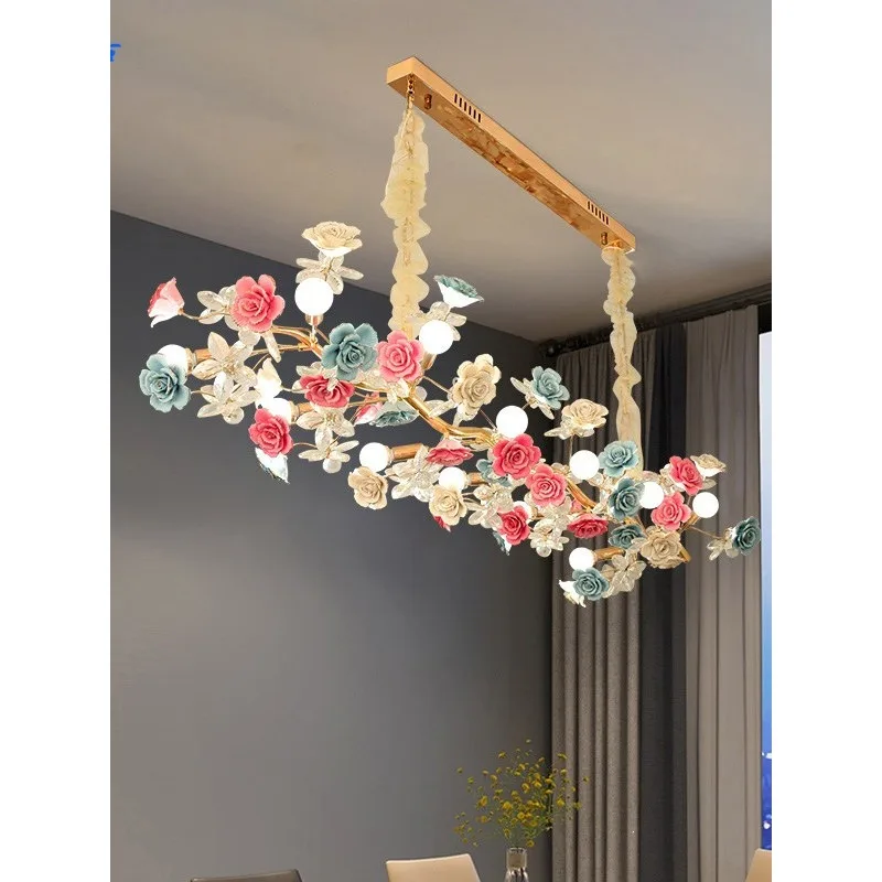 European restaurant Dining table, front desk bar Long French modern pastoral ceramic flower crystal chandelier